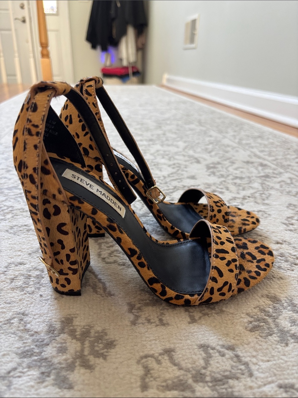 NEW Steve Madden Leopard-Print Block Heel Sandals - Tan & Black